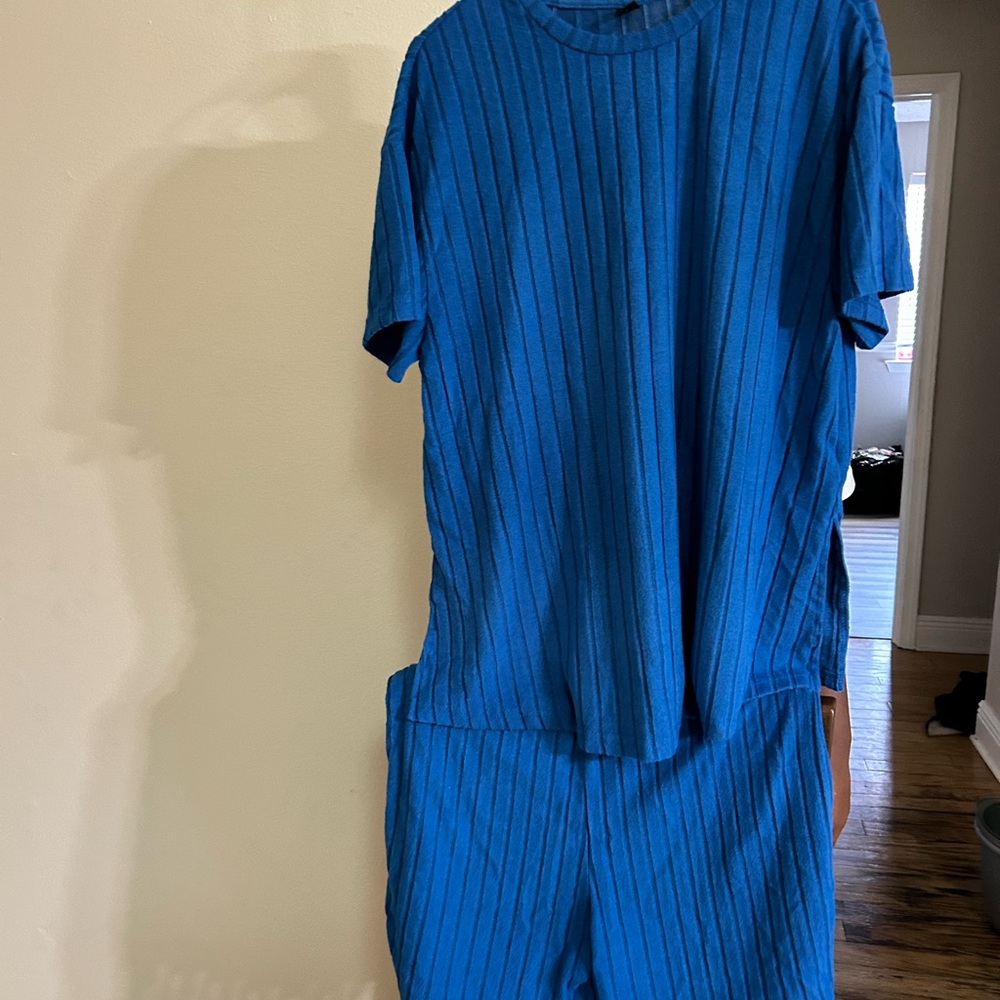 Blue Ribbed Short Sleeve Top and Shorts Set